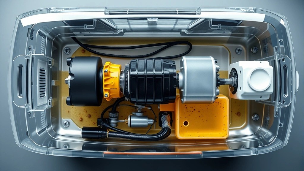 Overhead view of modern fuel pump assembly inside transparent gas tank, showing sediment at bottom, fuel pickup tube, and internal components, educational automotive cutaway, clean laboratory-style photography demonstrating fuel system engineering
