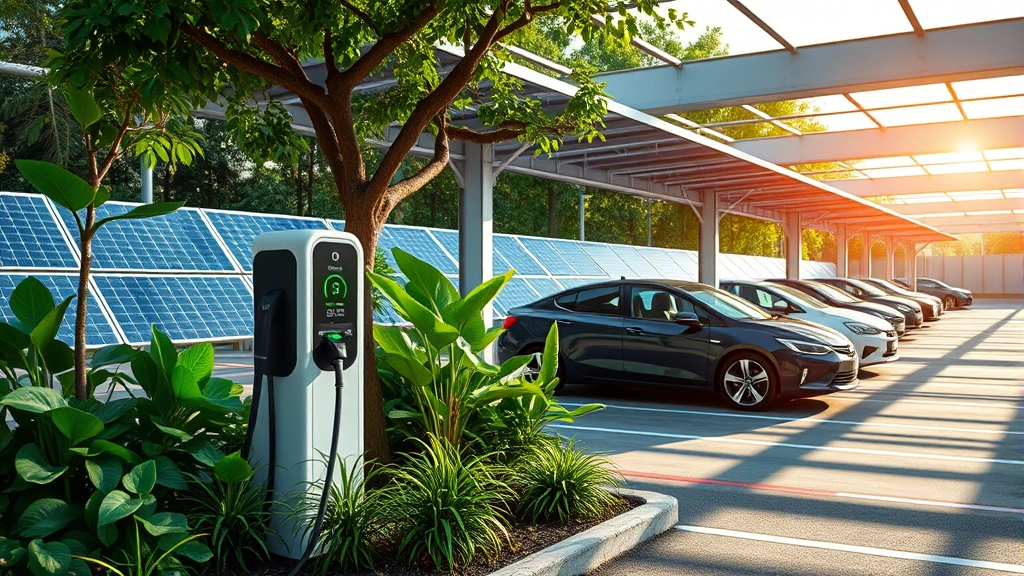Electric vehicle charging station surrounded by green plants and solar panels, sustainable transportation infrastructure, modern charging port glowing with energy indicator, eco-friendly parking area with natural daylight, renewable energy integration visible
