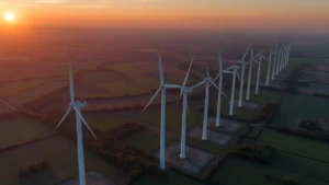 Photorealistic aerial view of wind turbines spinning in an open landscape at sunset, with green fields and scattered trees below, no labels or text visible