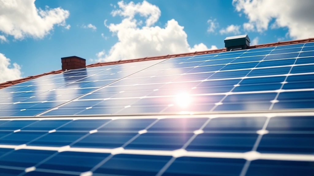 Detailed close-up of solar panel array on residential rooftop with blue sky and white clouds, showing individual photovoltaic cells catching sunlight, no text or signage