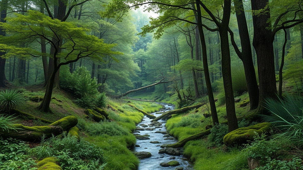 Photorealistic image of lush forest ecosystem with diverse trees, undergrowth vegetation, and natural water stream flowing through woodland, wildlife habitat perspective, no visible text