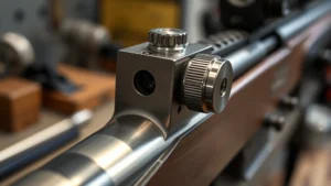 Close-up of precision-machined stainless steel adjustable gas block mounted on rifle barrel, showing fine detail of adjustment screw mechanism and clamp design, professional gunsmith workspace lighting