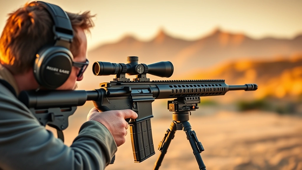 Modern shooter at outdoor range testing adjustable gas block performance, rifle mounted on precision rest, mountains visible in background, golden hour lighting, focus on equipment quality and attention to detail