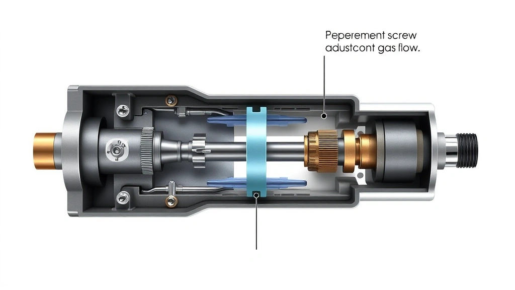 Cutaway technical illustration showing gas block internal mechanism and gas port interaction with barrel, demonstrating how adjustment screw controls gas flow, clean white background with soft professional lighting