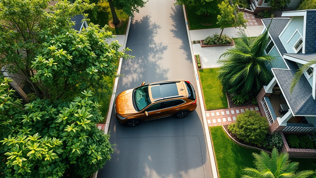 Aerial view of a modern three-row SUV parked on a tree-lined residential street surrounded by green landscaping and sustainable homes, emphasizing eco-friendly family transportation