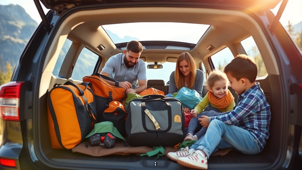 Family of five loading camping gear and outdoor equipment into the spacious cargo area of a three-row SUV in a natural setting with mountains and forest in background