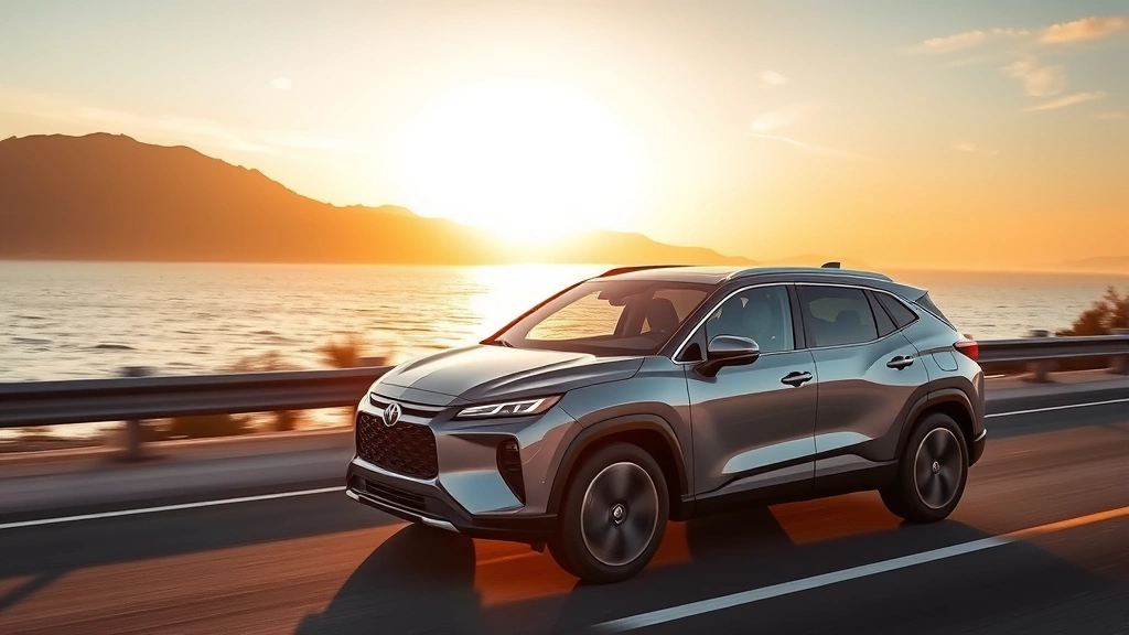Modern three-row SUV hybrid model driving on coastal highway with mountains in background, showcasing sleek aerodynamic design and contemporary styling, golden hour lighting