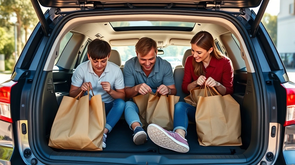 Family loading grocery bags into spacious cargo area of fuel-efficient SUV, demonstrating practical third-row seating functionality and storage capacity, natural daylight