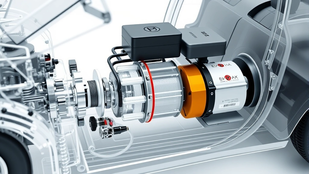 Close-up of hybrid powertrain components and battery system displayed in transparent automotive cutaway illustration style, showing mechanical efficiency innovations without text