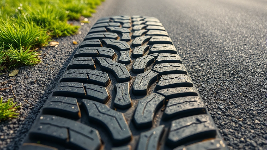 Close-up of eco-friendly tire tread pattern on asphalt road surface with green grass visible at edges, demonstrating sustainable transportation infrastructure and low-rolling-resistance technology