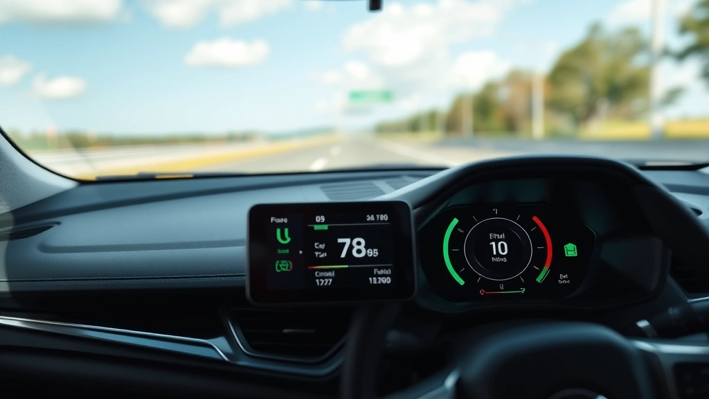 Interior dashboard view of fuel-efficient SUV displaying digital efficiency metrics and eco-driving mode indicator with blurred highway visible through windshield, showing sustainable driving technology