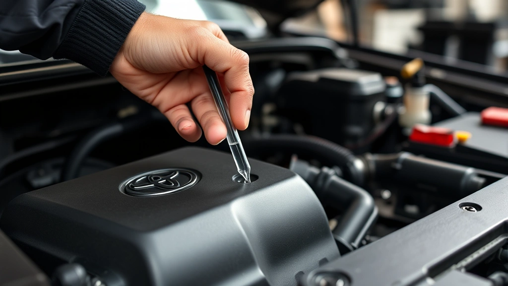 Close-up of mechanic checking Toyota Tacoma engine oil level with dipstick, clean engine bay visible, natural workshop lighting, focus on proper maintenance procedures