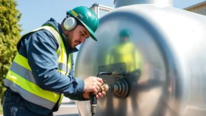 Professional technician wearing safety gear inspecting a large silver propane tank outdoors, checking valve connections with specialized tools, clear daylight, detailed examination of tank components
