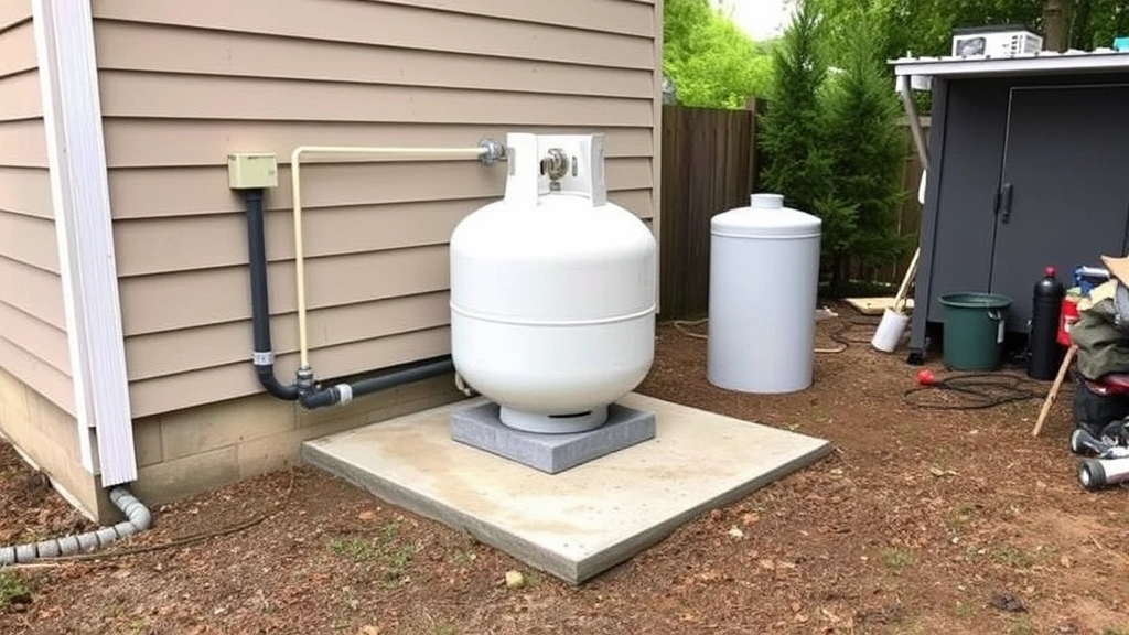 Outdoor residential propane tank installation showing proper placement on level concrete pad, adequate clearance from building structure and vegetation, well-maintained storage area with no clutter nearby