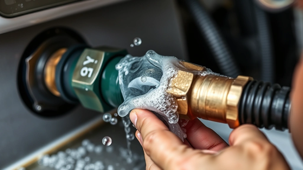 Close-up of soapy water test being performed on gas tank connections, visible bubbles indicating leak detection, safety inspection in progress, professional demonstration of leak detection method