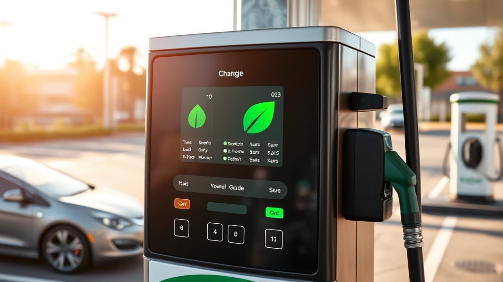 Modern gas station pump with green leaf eco-symbol displayed on digital screen, showing fuel grade options, sunlit parking lot background with electric vehicle charging station visible