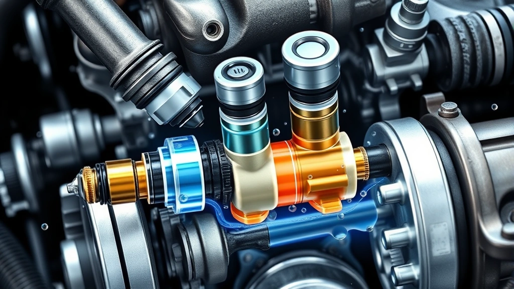 Cutaway technical illustration of clean fuel injector and intake valve system showing detergent protection, metallic engine components with water droplets, professional automotive workshop lighting