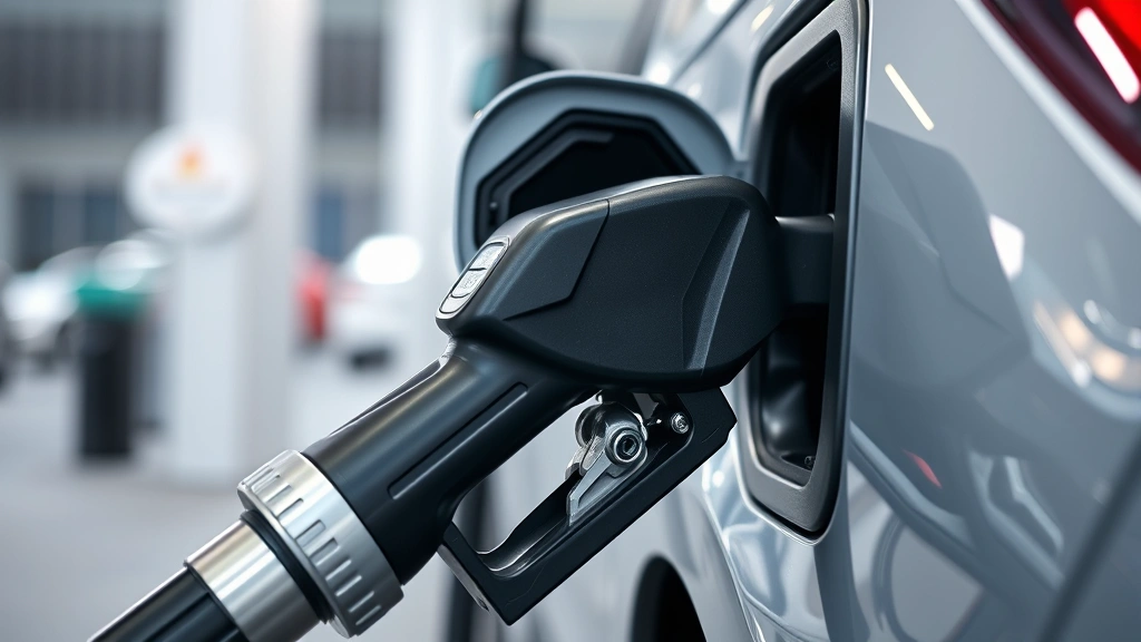 Close-up of fuel pump nozzle dispensing gasoline into vehicle fuel door at modern gas station, clean bright lighting, realistic automotive photography, no text visible