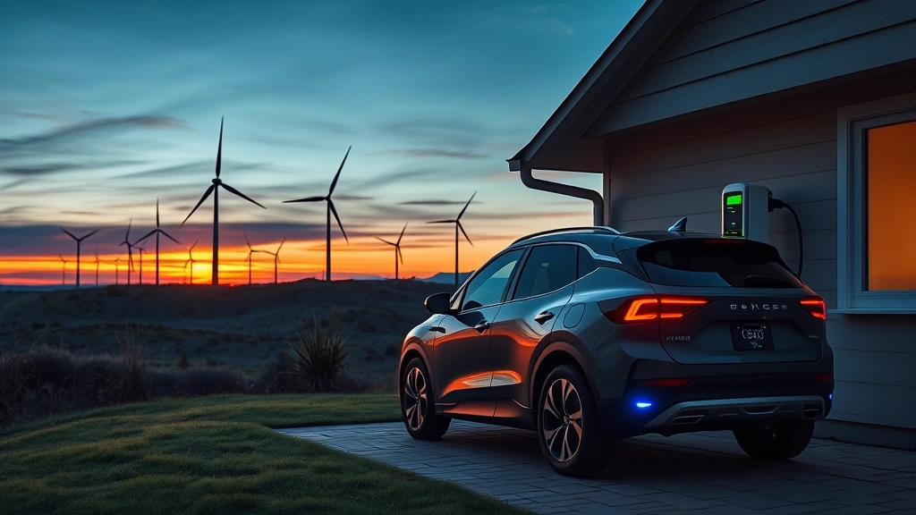 Hybrid electric vehicle charging at home charging station at sunset with wind turbines visible in background landscape, sustainable transportation concept, photorealistic environmental scene