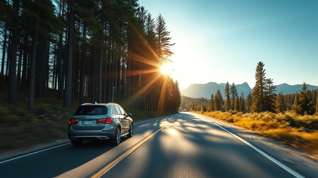 Sunlit forest road with a silver SUV driving through natural landscape, mountains visible in distance, clear blue sky, photorealistic environmental scenery