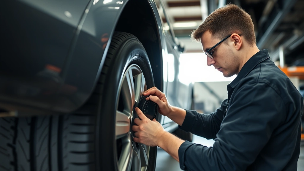 Mechanic checking tire pressure on vehicle wheel in service bay, proper maintenance focus, professional automotive setting, natural lighting