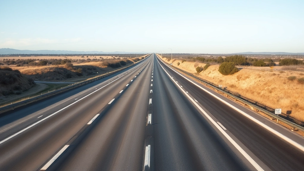 Highway stretching toward horizon with minimal traffic, clear weather conditions, energy-efficient driving conditions, open road landscape photography