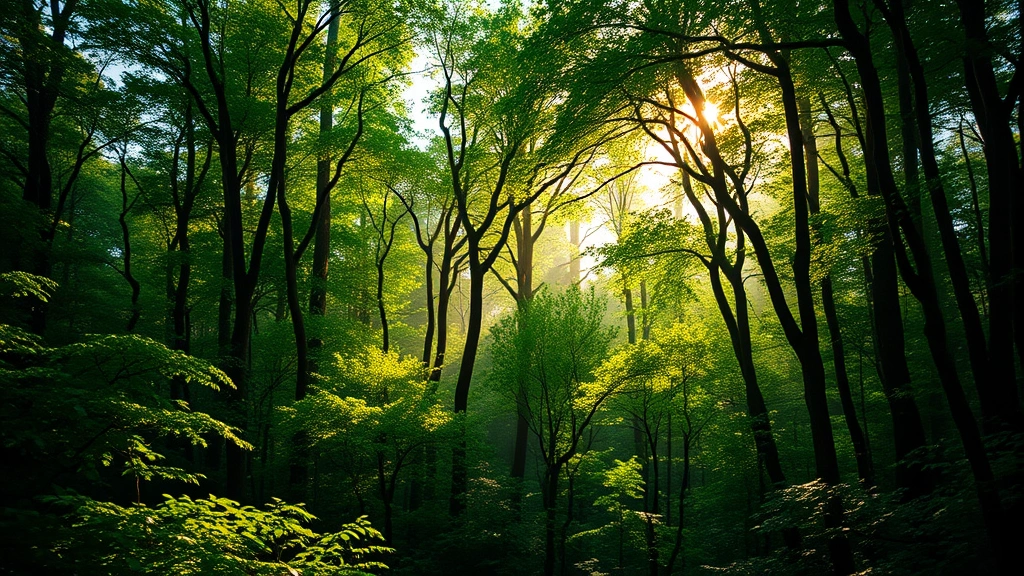 Lush green forest landscape with sunlight filtering through tree canopy, serene natural environment representing sustainable transportation impact on ecosystems, photorealistic nature scene