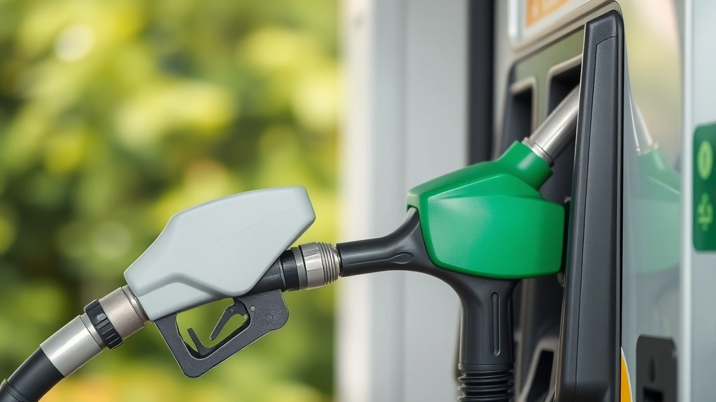 Modern fuel pump nozzle at clean gas station with blurred green vegetation background, representing efficient fuel consumption and environmental consciousness in daily choices