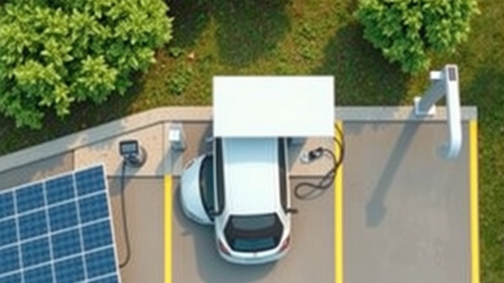 Overhead view of electric vehicle charging station with solar panels visible, sustainable energy infrastructure for transportation, clean renewable power concept, photorealistic