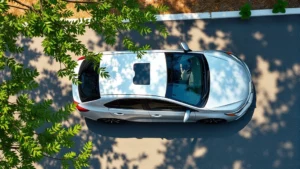 Overhead view of a silver Toyota Corolla sedan parked on a tree-lined street with green leaves visible, morning sunlight casting shadows, emphasizing compact efficient design