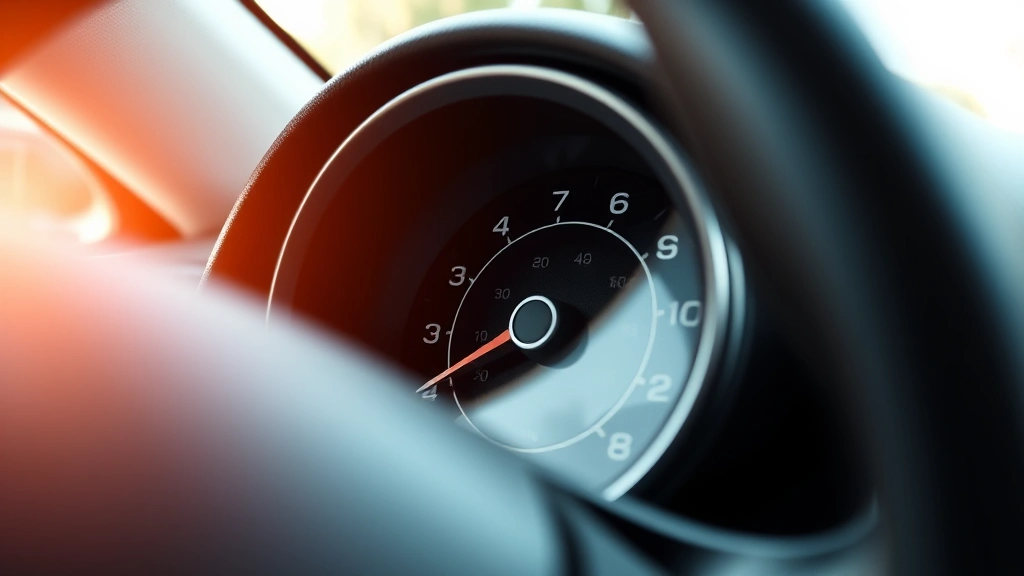 Close-up of a modern car dashboard fuel gauge showing three-quarter tank, clean interior with natural light, minimalist design representing efficiency monitoring