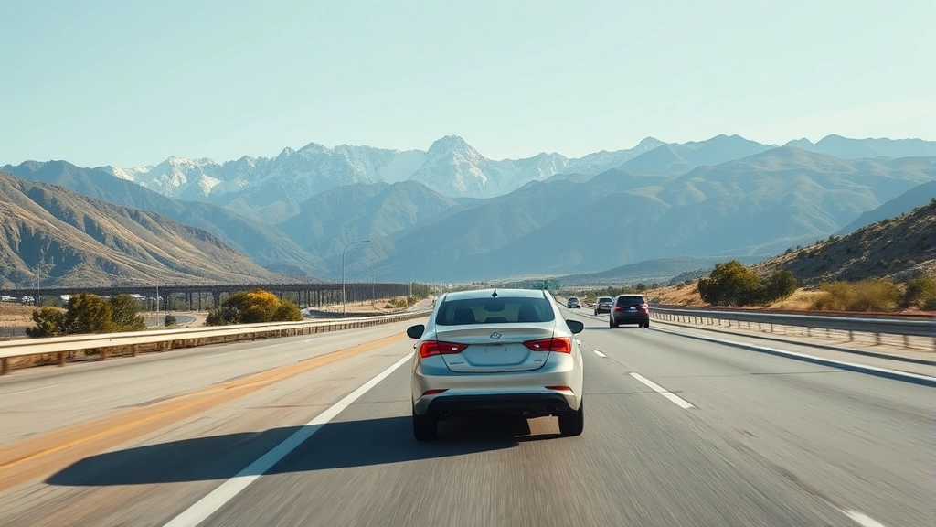 Wide landscape shot of a highway with a silver sedan driving smoothly in light traffic, mountains and clear sky in background, representing fuel-efficient highway driving