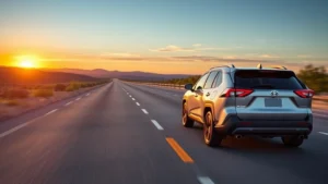 Toyota RAV4 driving on scenic highway at sunset, demonstrating fuel-efficient driving on open road with clear sky and natural landscape