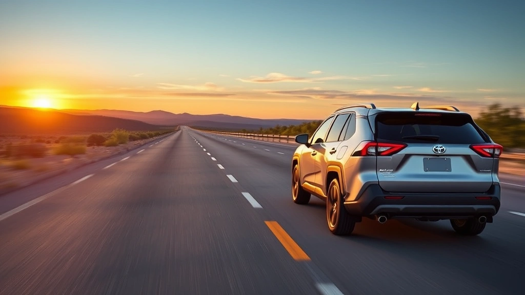 Toyota RAV4 driving on scenic highway at sunset, demonstrating fuel-efficient driving on open road with clear sky and natural landscape