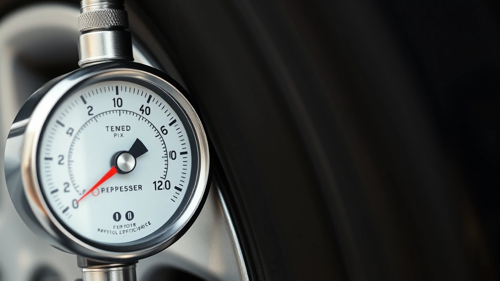 Close-up of tire pressure gauge showing proper inflation levels next to modern vehicle wheel, representing maintenance for fuel efficiency