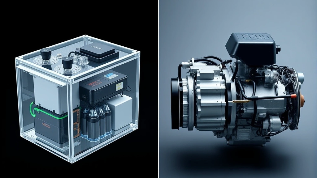 Comparison view of hybrid battery system components and gasoline engine, showcasing green energy technology and sustainable vehicle mechanics