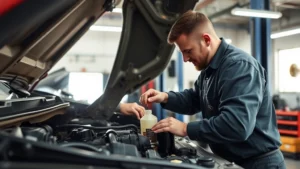 Professional mechanic performing routine maintenance on Toyota Tacoma truck engine, checking oil levels and filters in well-lit service bay with eco-conscious workshop environment