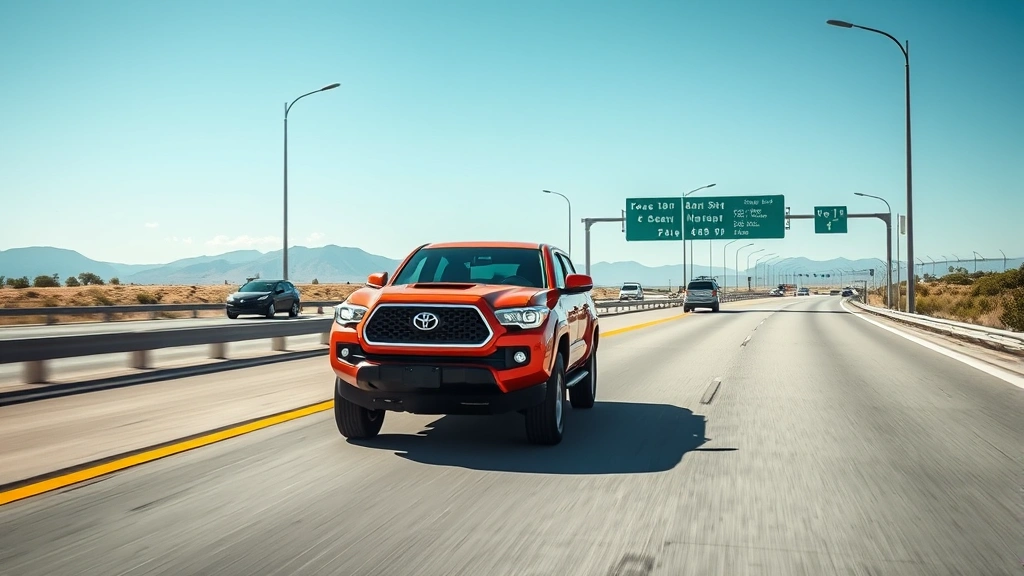 Toyota Tacoma pickup truck driving smoothly on open highway during daylight, demonstrating fuel-efficient driving with minimal traffic and clear road conditions
