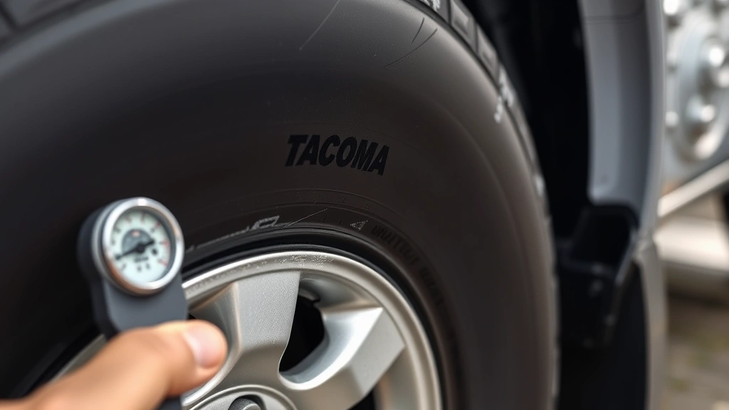 Close-up of properly inflated tire on Toyota Tacoma showing tire pressure gauge and clean wheel rim, emphasizing maintenance importance for fuel efficiency