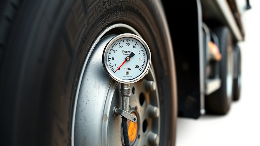 Close-up of truck tire with pressure gauge against clean white background, demonstrating maintenance practice for optimal fuel economy and environmental responsibility