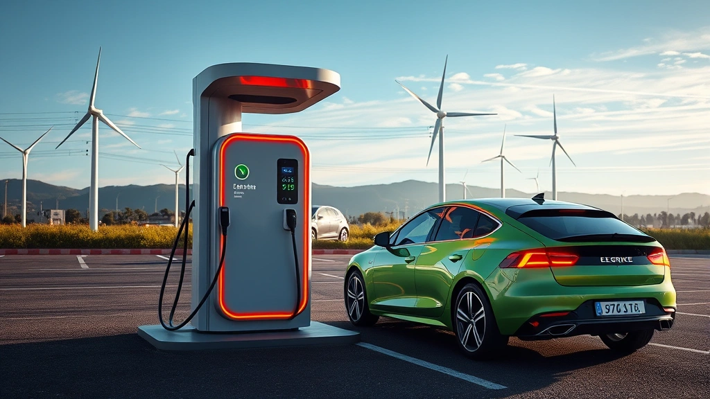 Electric vehicle charging station with sustainable energy infrastructure, representing eco-friendly alternative transportation technology and future of sustainable mobility