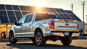 Modern silver Ford F-150 PowerBoost hybrid truck parked in front of solar panel installation, morning sunlight reflecting off truck bed, environmental charging station in background, sustainable industrial setting