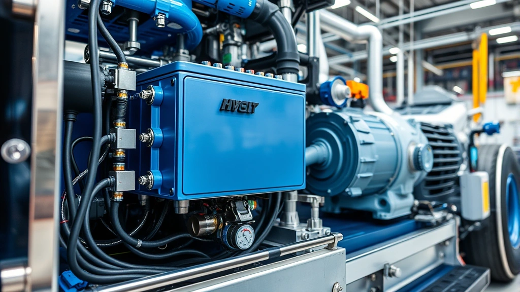 Close-up of truck hybrid battery system components and electric motor assembly, technical precision manufacturing environment, blue and silver metallic tones, clean industrial workspace with cable management