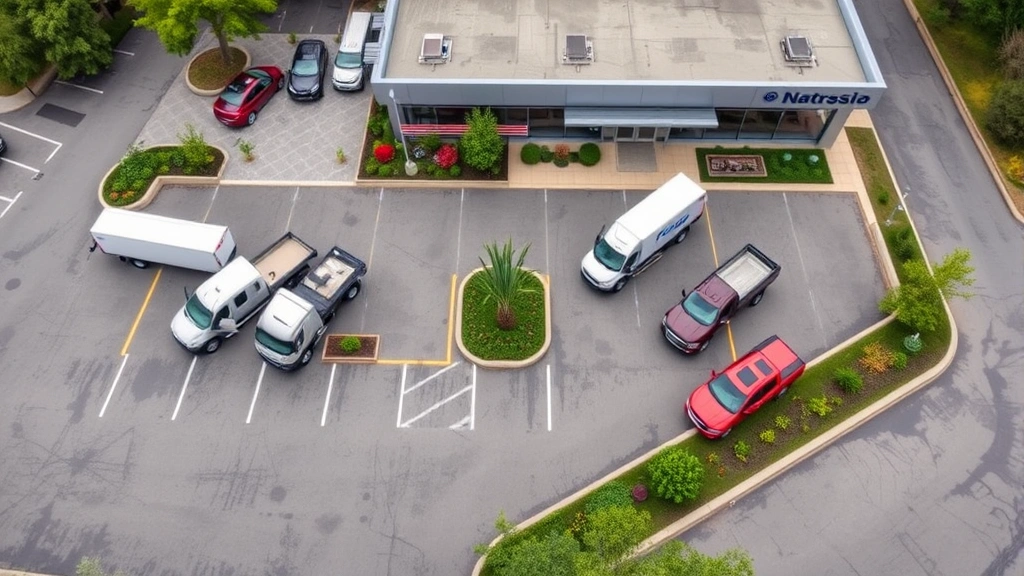 Aerial view of diverse truck lineup parked in eco-friendly dealership lot with green landscaping, native plants, rainwater collection systems, modern sustainable architecture showroom building visible