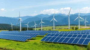 Renewable solar panels and wind turbines in a green landscape with mountains, photorealistic daylight, no text or labels, showing sustainable energy infrastructure