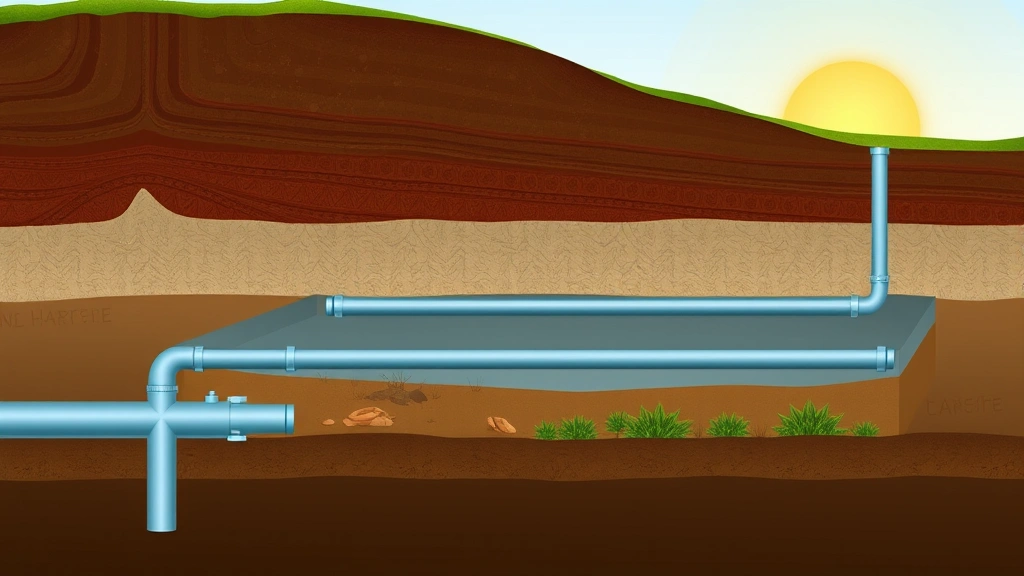 Cross-section underground view showing natural gas pipeline infrastructure beneath earth layers with geological formations, photorealistic scientific illustration style, no labels