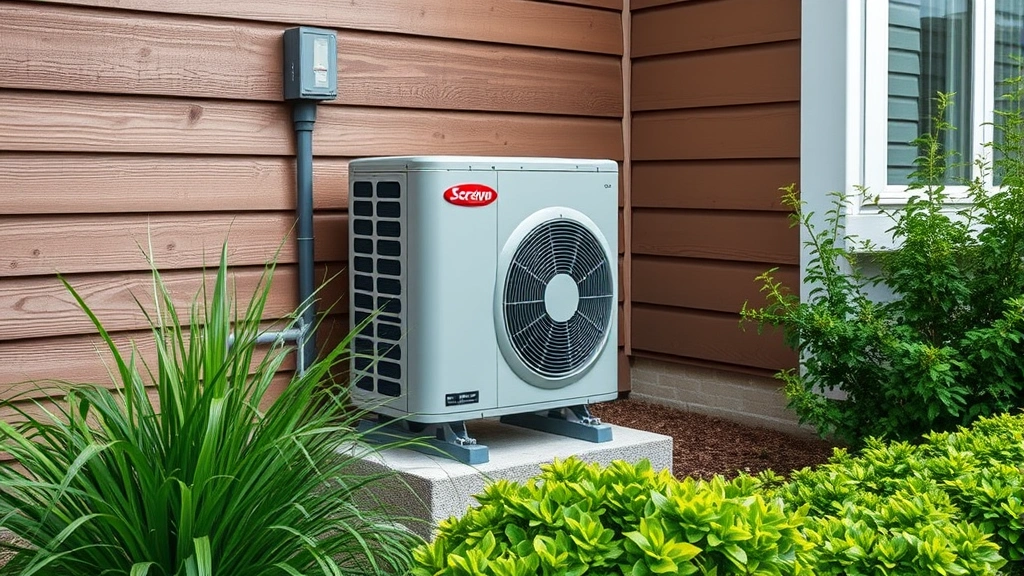 Modern heat pump unit installed on residential building exterior surrounded by green vegetation, photorealistic contemporary home setting, no brand names or text visible