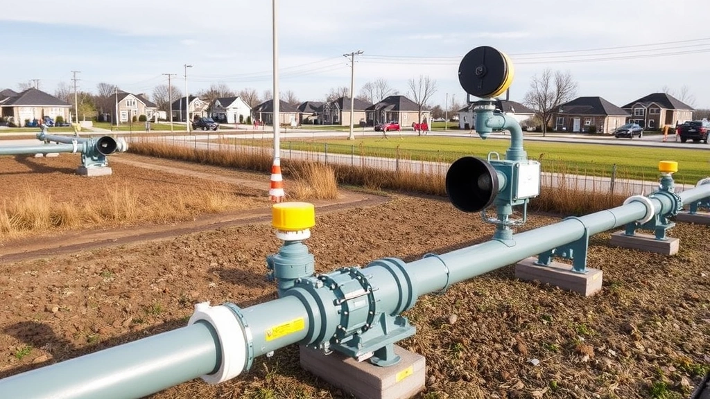 Modern natural gas distribution pipeline infrastructure with advanced leak detection sensors and monitoring equipment in a suburban service area, showing infrastructure modernization and environmental stewardship