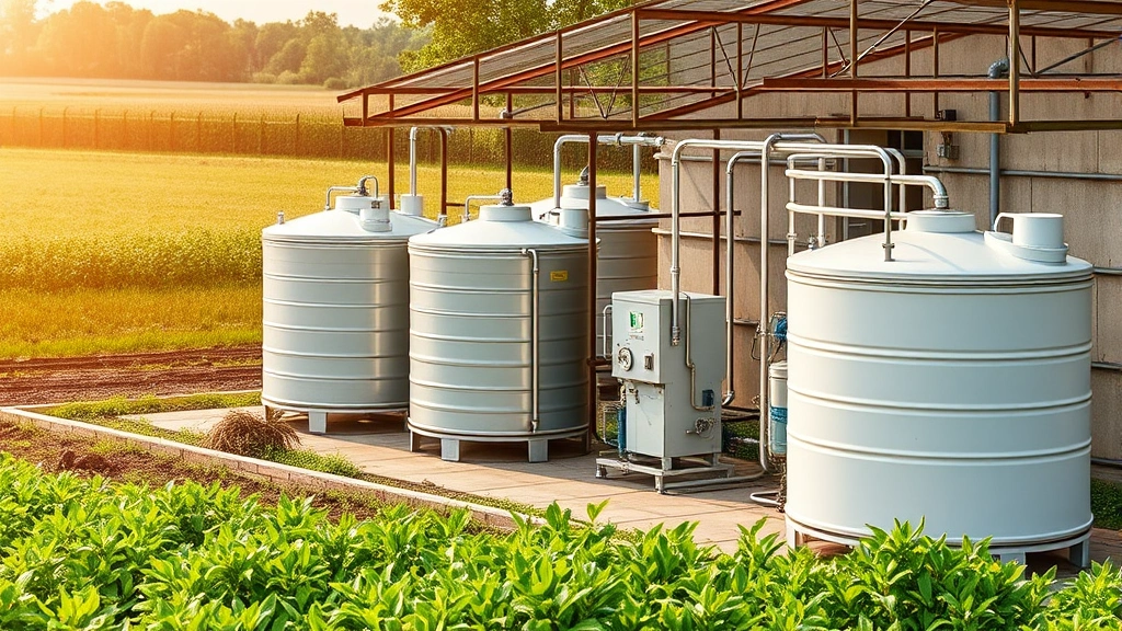 Renewable biogas production facility converting agricultural waste and organic materials into sustainable energy, with fermentation tanks and processing equipment in an agricultural setting