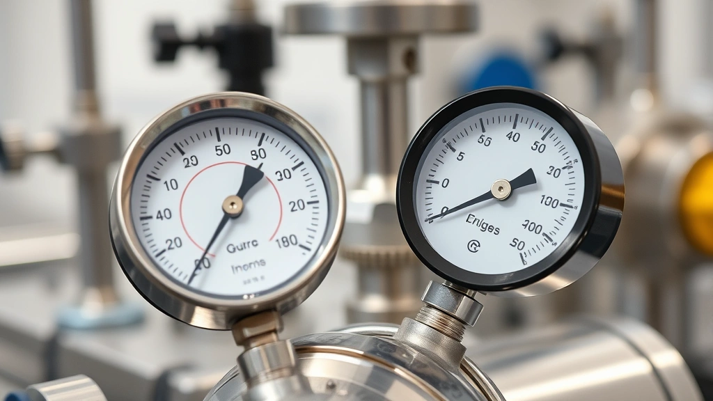 Close-up of precision laboratory thermometer and pressure gauge on stainless steel equipment, scientific instrumentation for gas analysis and environmental monitoring